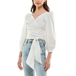 Wayf Jada White Balloon Sleeve Wrap Crop Top Size Large NWT